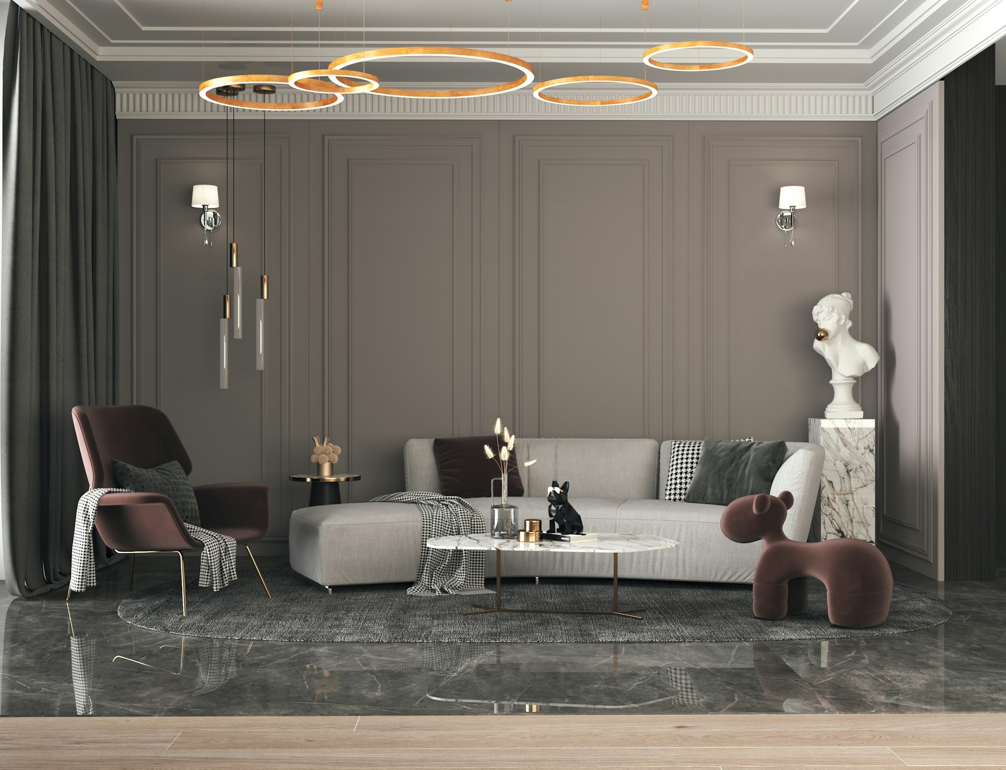 Moody luxury living room with sculptural chandelier designed by Home Space Design