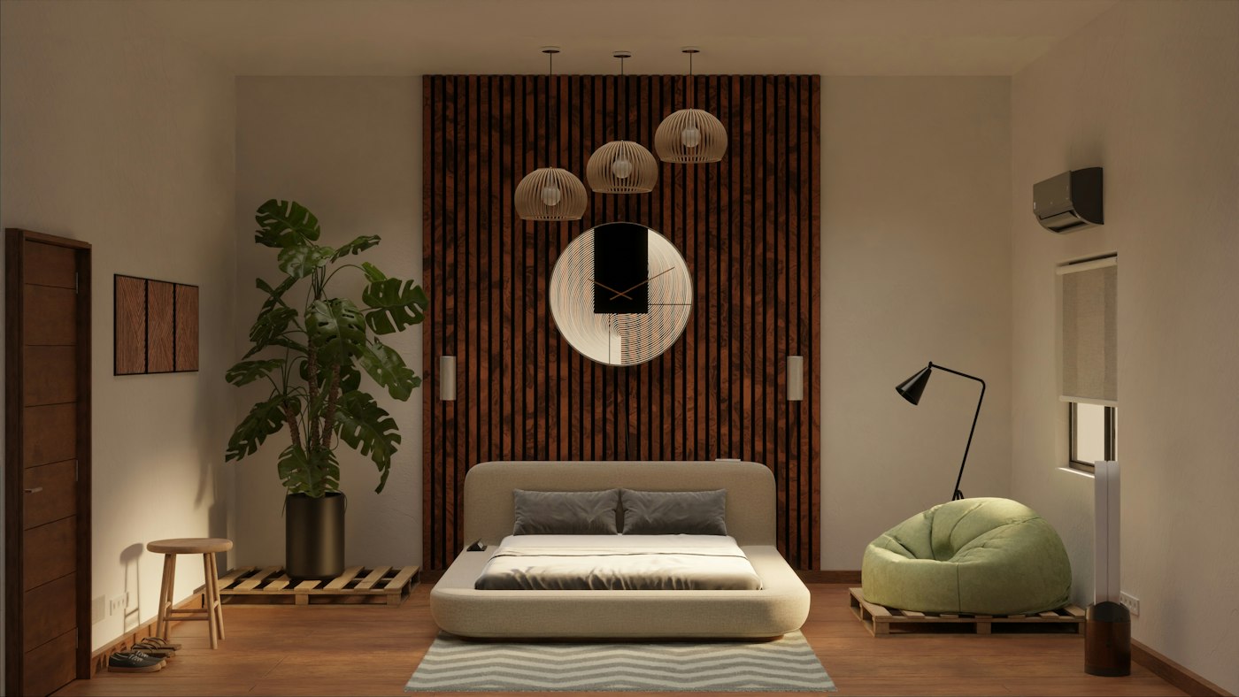 Contemporary Villa bedroom in Goa with round mirror